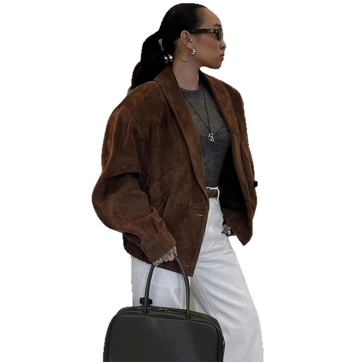 Women's Short Suede Boxy Jacket with Kimono-like Lapel Amarae