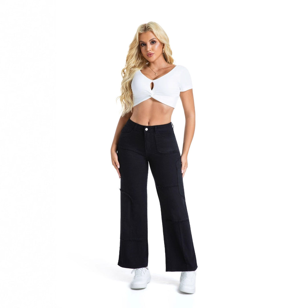 High-waisted flared jeans for women with textured design and decorative stitching Lune London