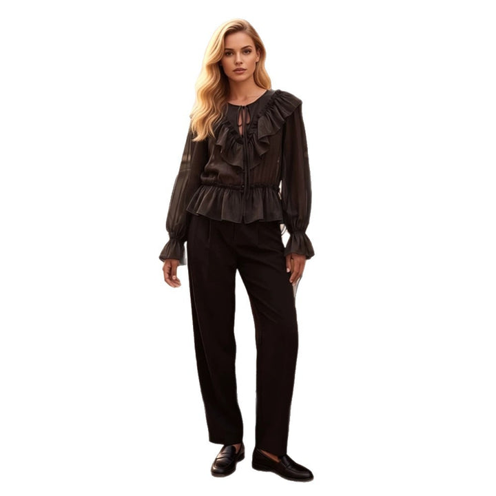 Women Ruffled transparent chiffon blouse with flounce peplum, long balloon sleeves and drawstring closure Amarae