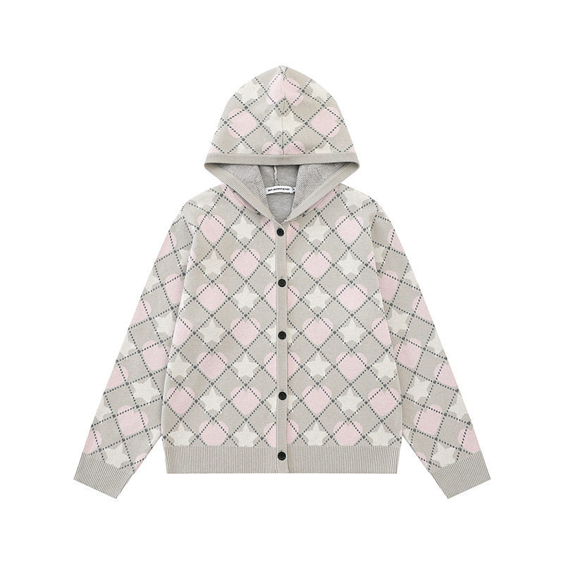 Ladies Knit Hooded Jacket with Diamond Jacquard and Button Placket Amarae