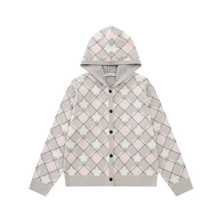 Ladies Knit Hooded Jacket with Diamond Jacquard and Button Placket Amarae