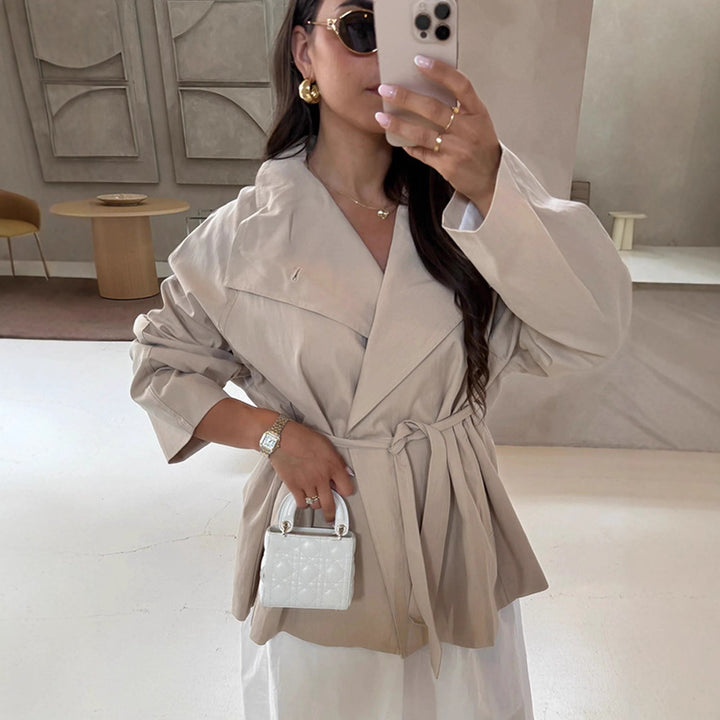 Women's wrap short jacket with tie belt, dropped shoulder and boxy silhouette Amarae