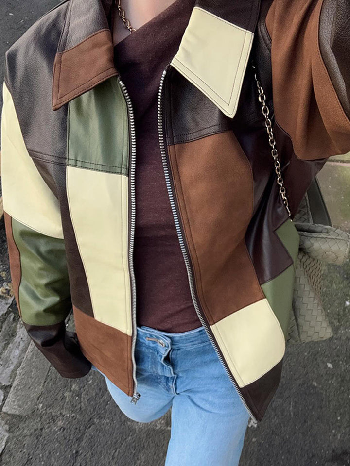 Women's Patchwork Leather Jacket with Zipper and Oversized Boxy Cut Amarae