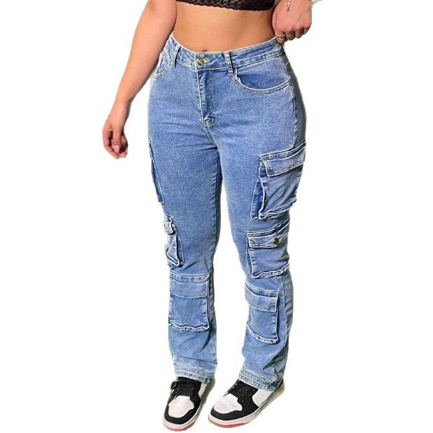 Women’s cargo denim pants with multiple flap pockets, knee panels, and high-waisted fit Amarae