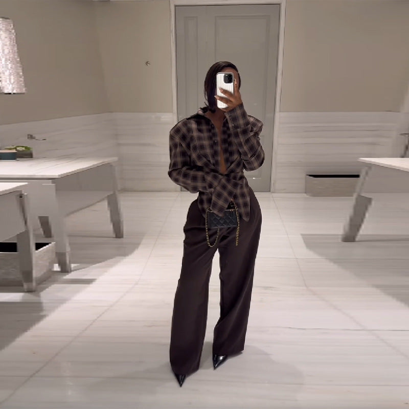 Loose checkered blouse for women with innovative collar Lune London