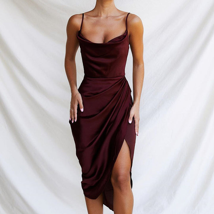 Elegant and fitted satin cocktail dress for ladies with a high slit Lune London