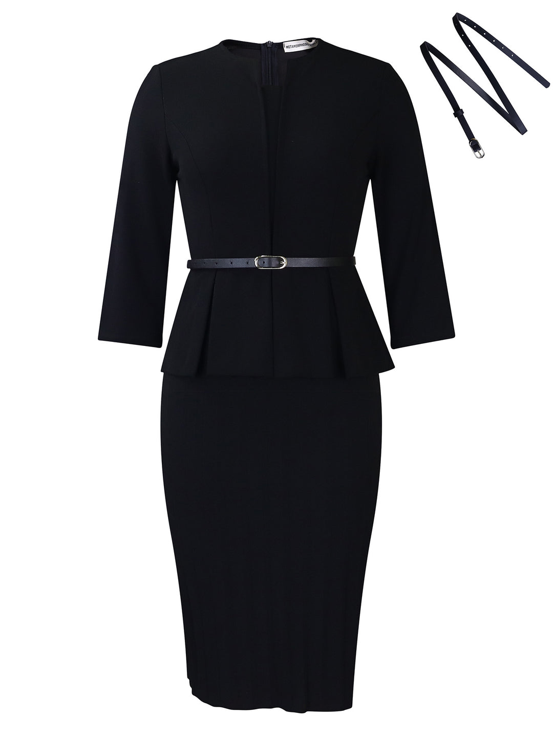 Elegant peplum dress for women with integrated waist belt and structured skirt Lune London