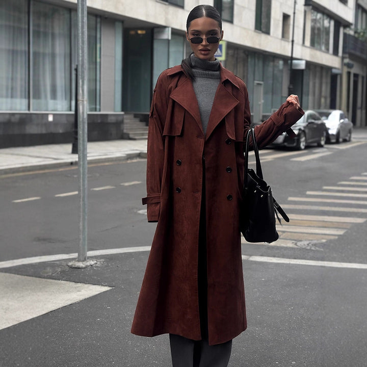 Women's long trench coat made of suede imitation with double button placket Amarae