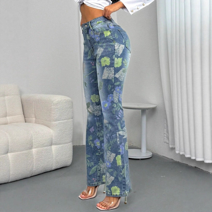Women's High-Waisted Straight Jeans with Floral Allover Print and Slight Flare Amarae