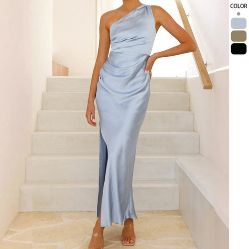 Women's Elegant Wrap Dress with Asymmetric Cut and Flowing Satin Fall