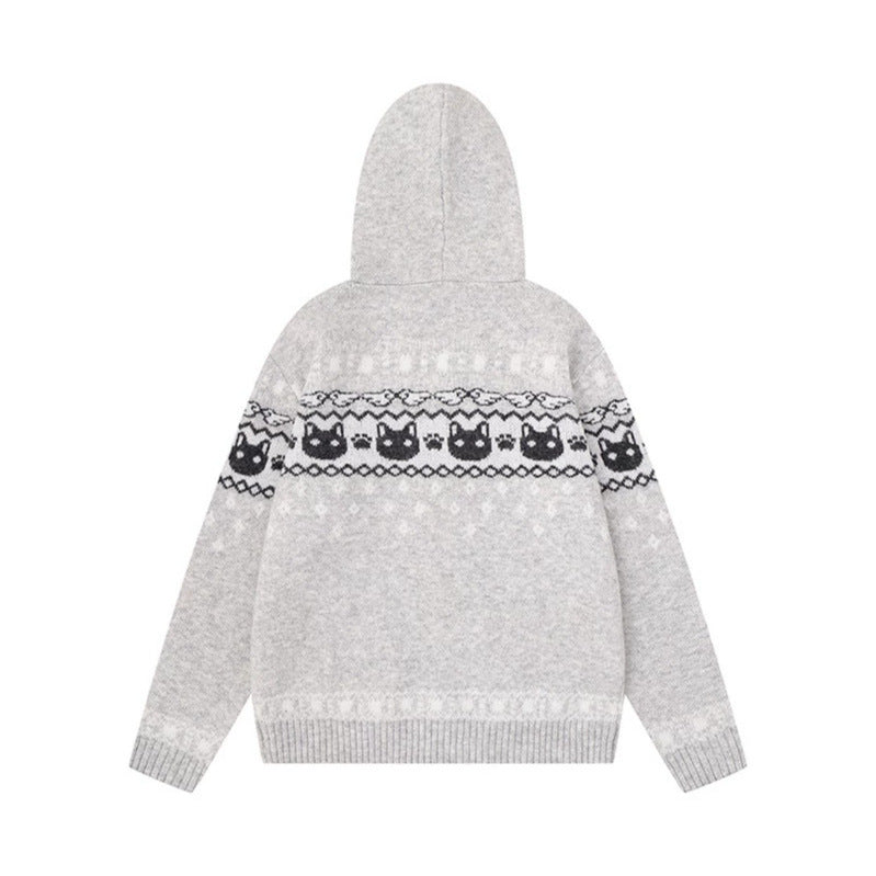 Women's Hooded Knit Jacket with Norwegian Pattern, Double Zip and Kangaroo Pockets Amarae