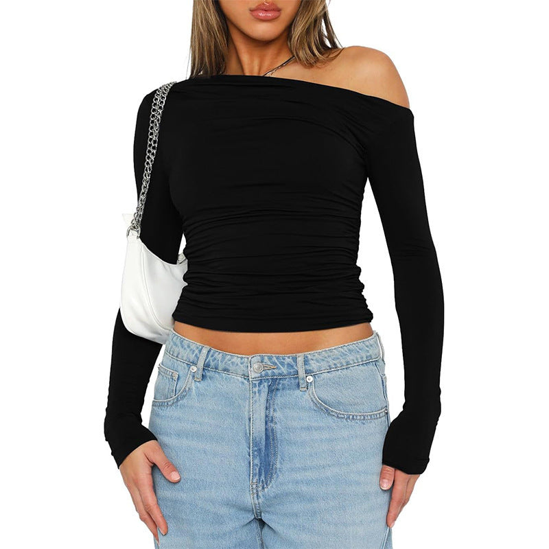 Fitted long sleeve t-shirt for women with asymmetric neckline and ruching Lune London