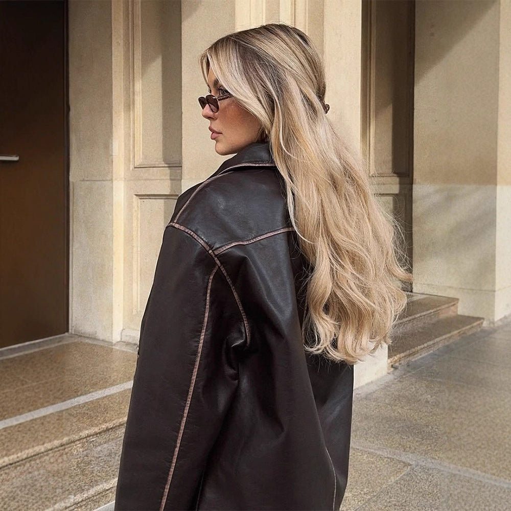 Women's Short Faux Leather Jacket in Aviator Look with Contrasting Decorative Seams Amarae