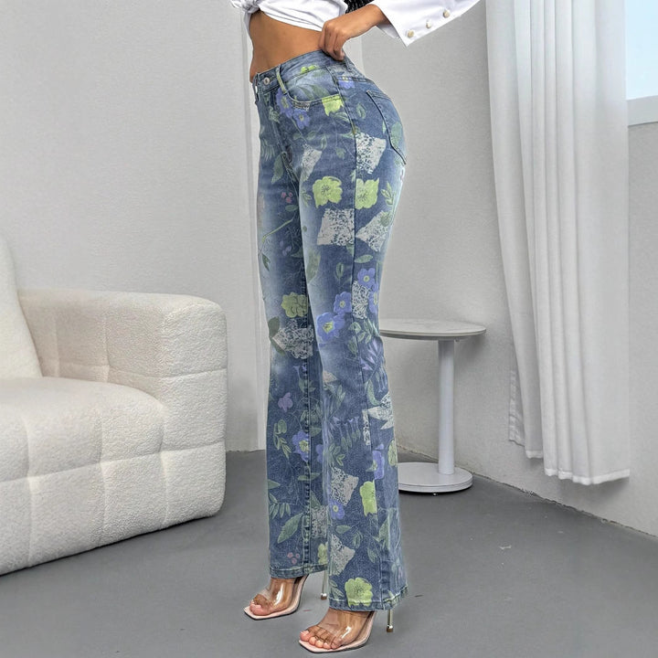 Women's High-Waisted Floral Print Denim Jeans in Light Flared-Straight Cut Amarae