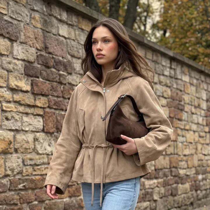 Women Short Jacket in Suede Look with Hood and Waist Drawstring Amarae