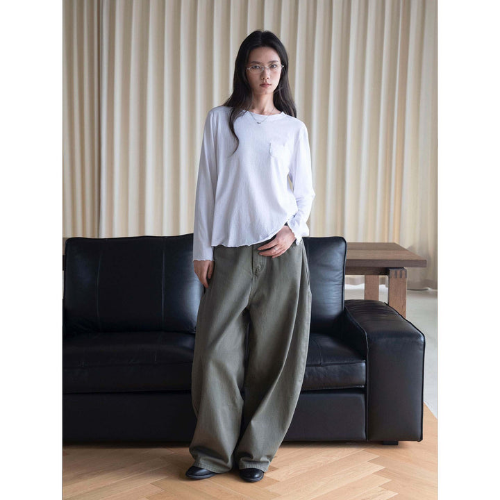 Women's Long Relaxed-Fit Shirt with Chest Pocket and Fine Round Neck