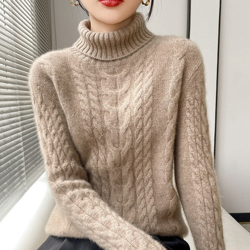 Chunky knit sweater for women with high collar and structured cable pattern Amarae