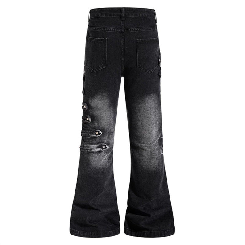 Ladies Wide Jeans Pants with Used Effect and Side Decorative Button Strips Amarae