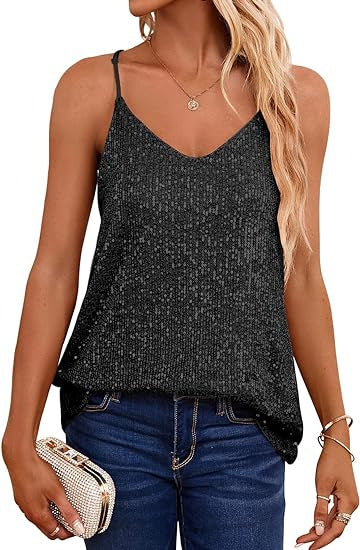 Women's Sparkling Spaghetti Strap Top with V-Neck and Shimmering Details Lune London