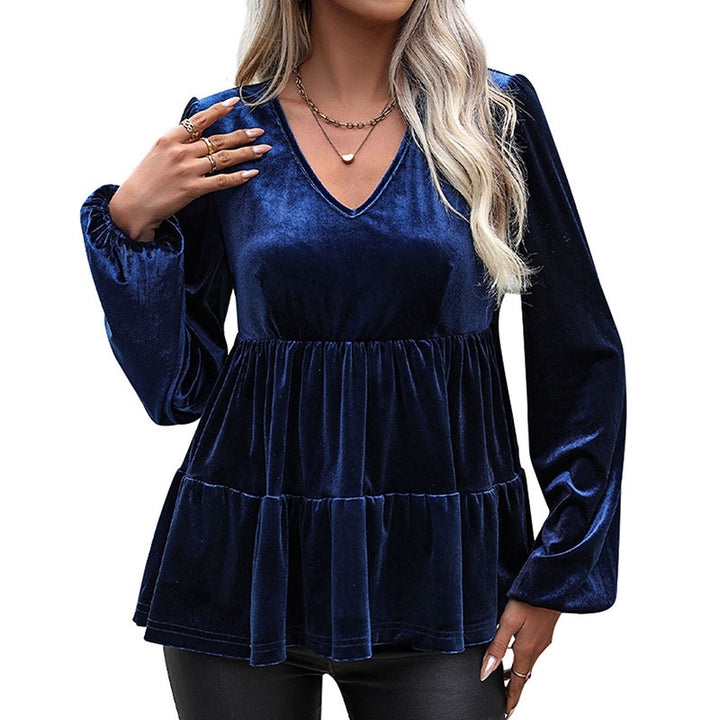 Velvet blouse for women with V-neck and voluminous sleeves Lune London