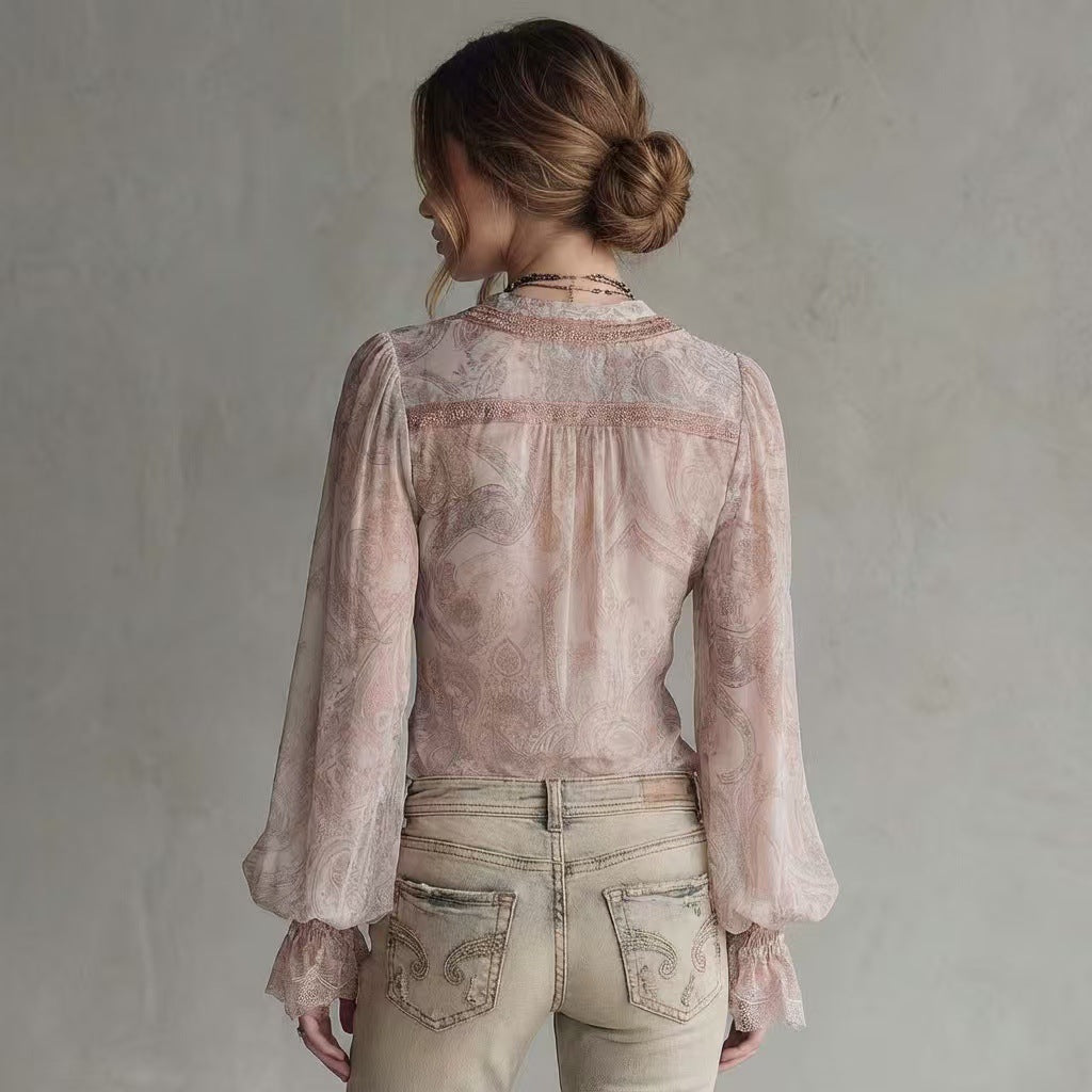 Ladies transparent blouse with voluminous sleeves and modern pattern Lune London