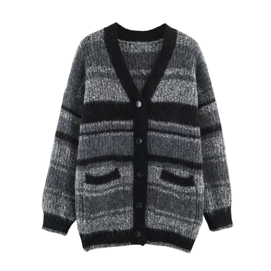 Women's Oversized Knit Cardigan with V-Neck, Striped Pattern and Patch Pockets Amarae