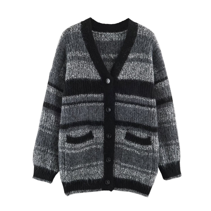 Women's Oversized Knit Cardigan with V-Neck, Striped Pattern and Patch Pockets Amarae