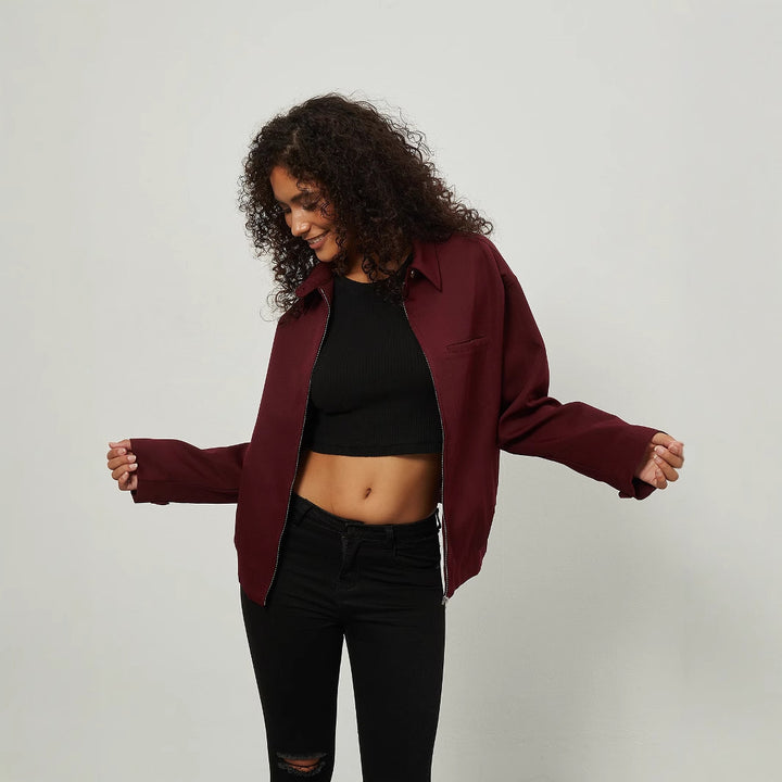 Women's Boxy Overshirt Jacket with Metal Zipper and Shirt Collar Amarae