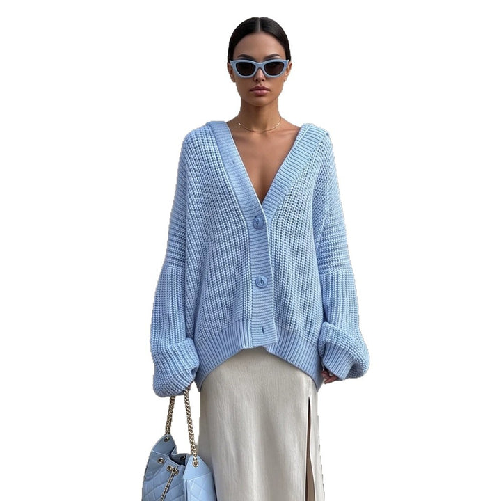 Women's Oversized Hooded Knit Cardigan with Balloon Sleeves and Button Placket Amarae