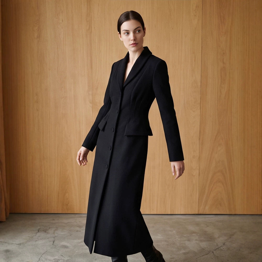 Women Tailored Long Coat with Shawl Collar and Shaping Dart Amarae