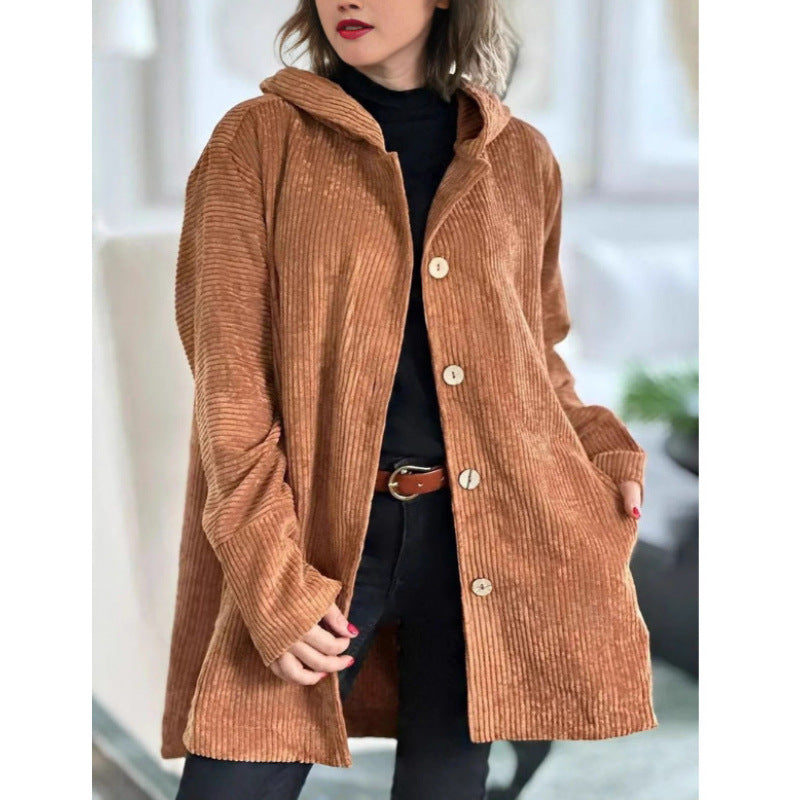 Amarae | Jacket with Hood - Cord - Loose Fit - Medium Length - Button Details
