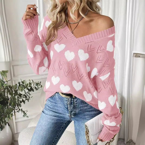 Women’s plush sweater with heart-shaped pattern and V-neck Amarae