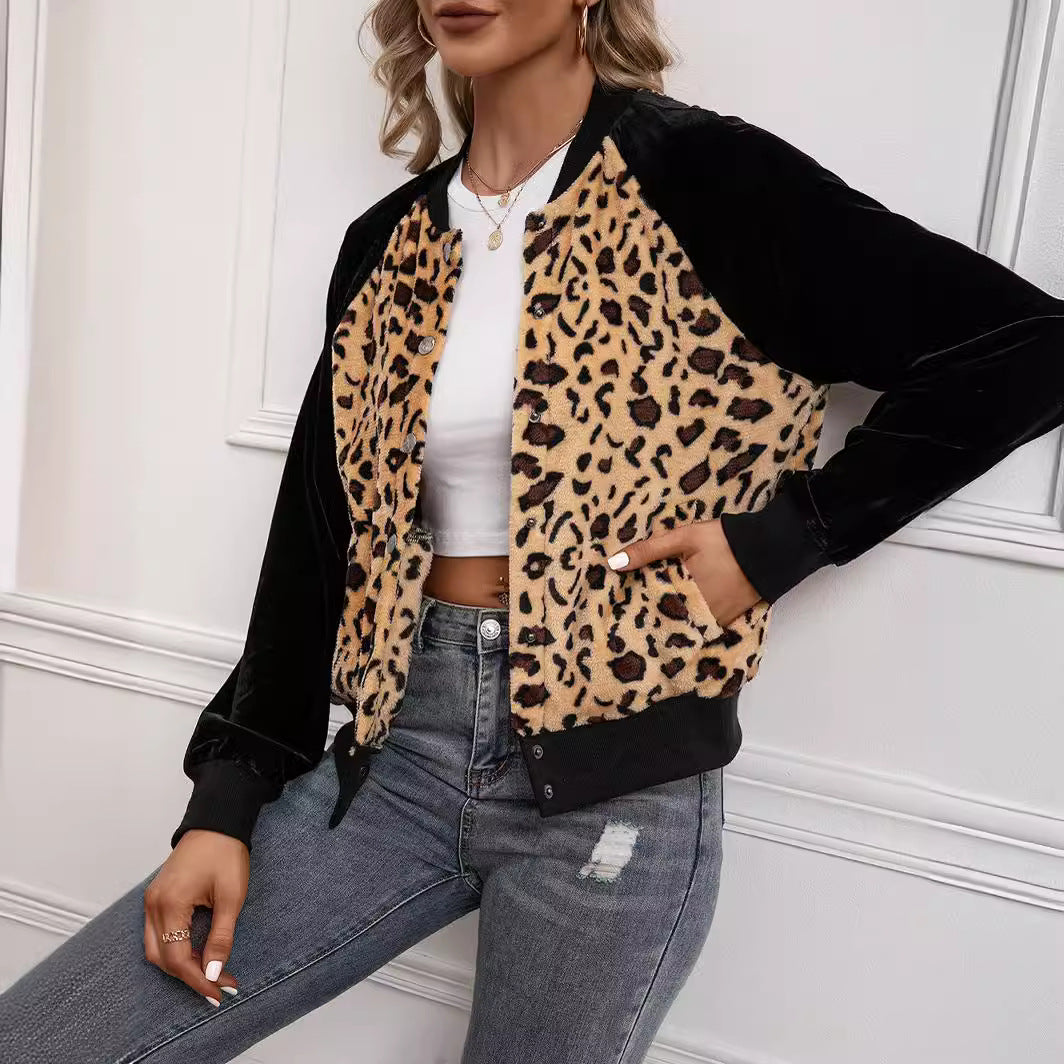 Elegant ladies bomber jacket with leopard print and velvet inserts Lune London