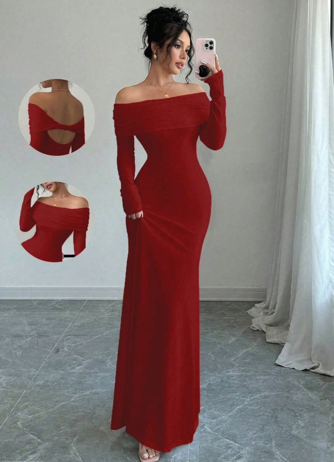 Elegant off-shoulder maxi dress for women with refined details at the back Lune London