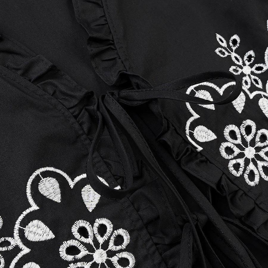 Women's short embroidered bolero jacket with ruffle collar and ties Amarae