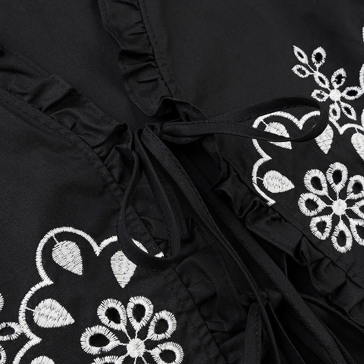Women's short embroidered bolero jacket with ruffle collar and ties Amarae