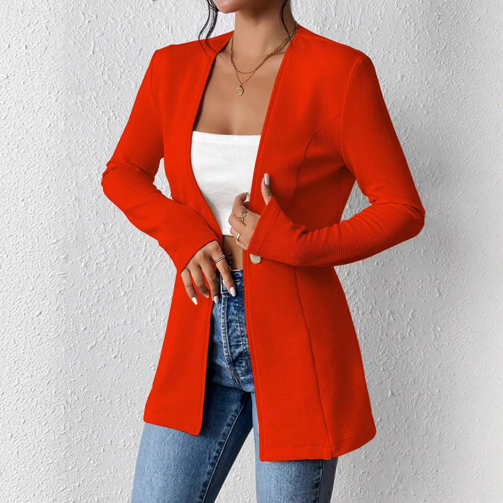 Ladies Tailored Long Blazer with V-Neck and One-Button Closure Amarae