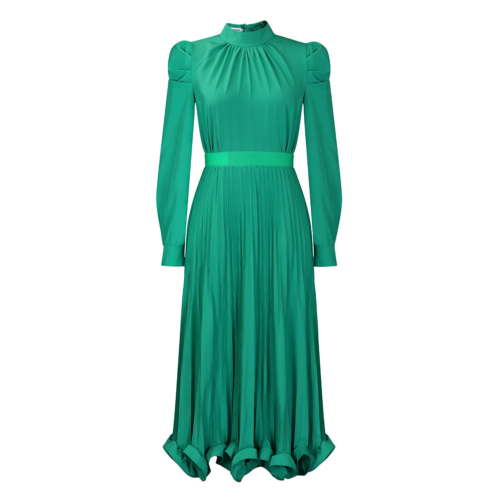 Ladies Elegant Midi Dress with High Collar and Chic Pleated Design