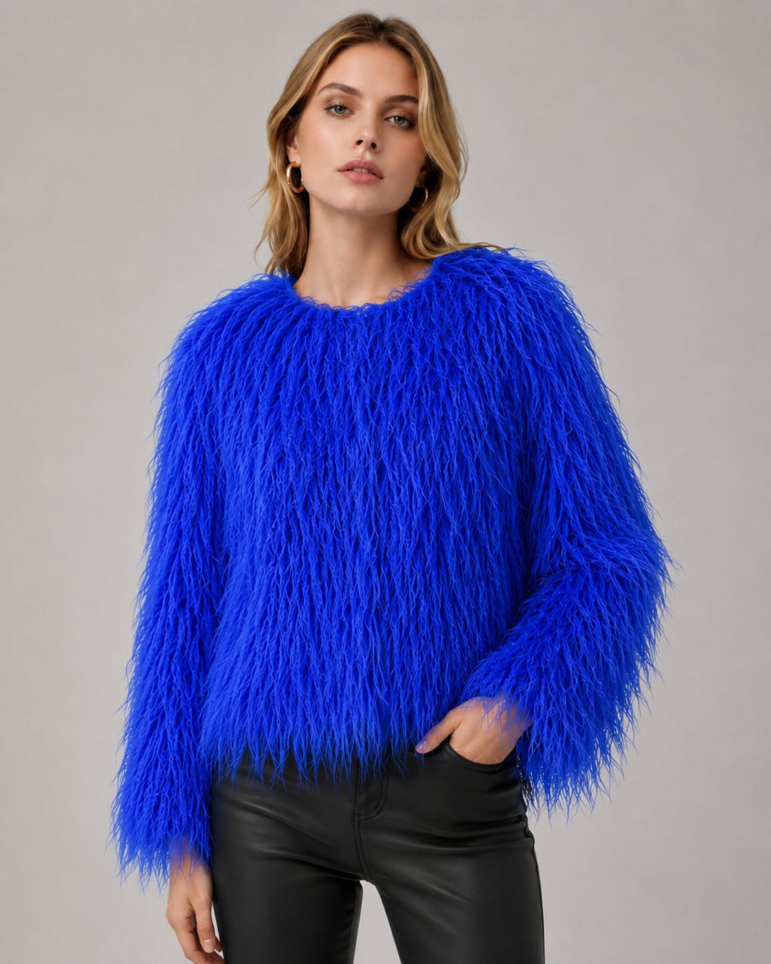 Women Short-Cut Shaggy Faux Fur Jacket with Round Neck, Extra Soft Long Hair and Casual Fit Amarae