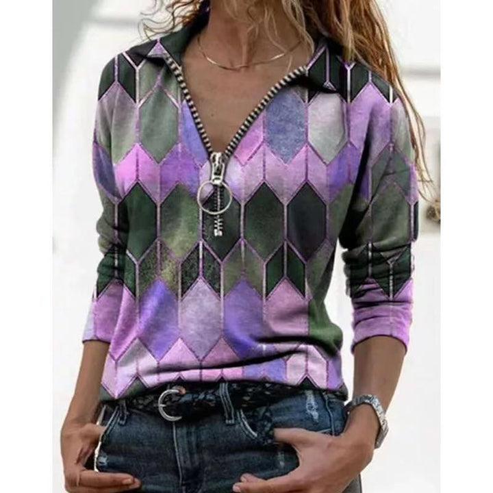 Women's zip pullover with polo collar, graphic diamond print and slim fit Amarae