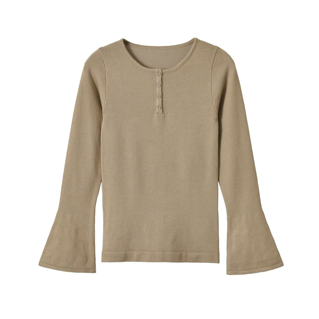 Women's fine knit long sleeve with Henley button placket and flared trumpet sleeves Amarae
