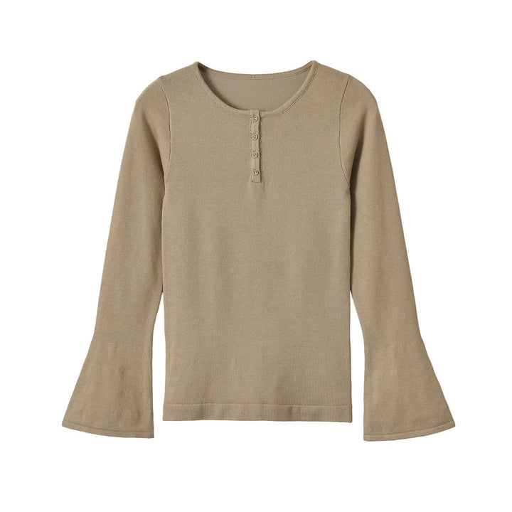 Women's fine knit long sleeve with Henley button placket and flared trumpet sleeves Amarae