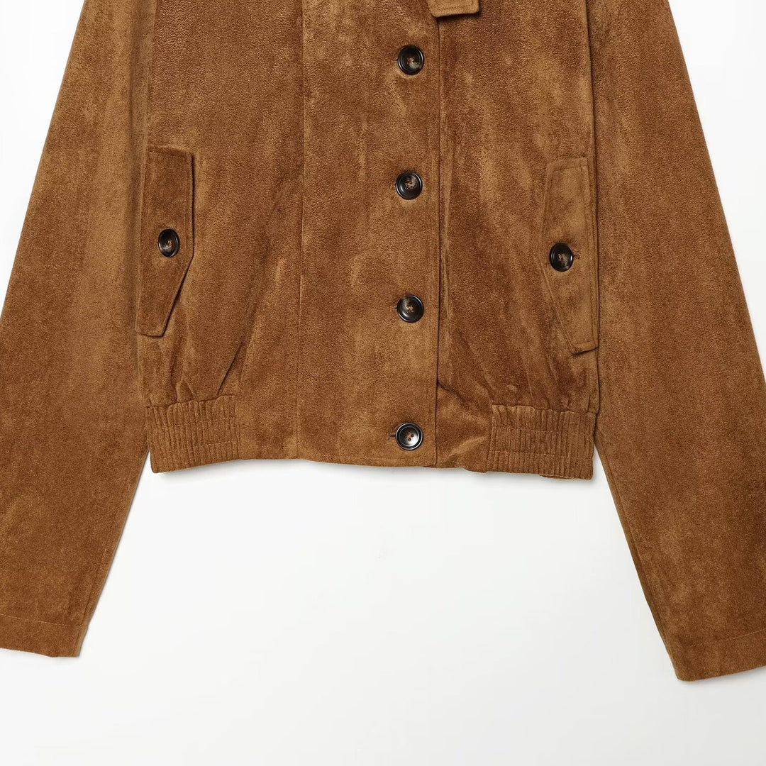 Women's short blouse jacket made of velour suede with button placket, concealed zipper, and elastic hem Amarae