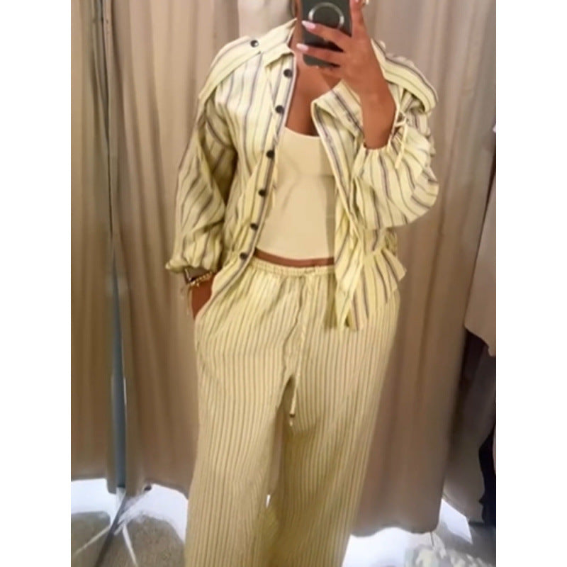 Women Striped Two-Piece Loungewear Set with Oversized Shirt Jacket and Drawstring Pants Amarae