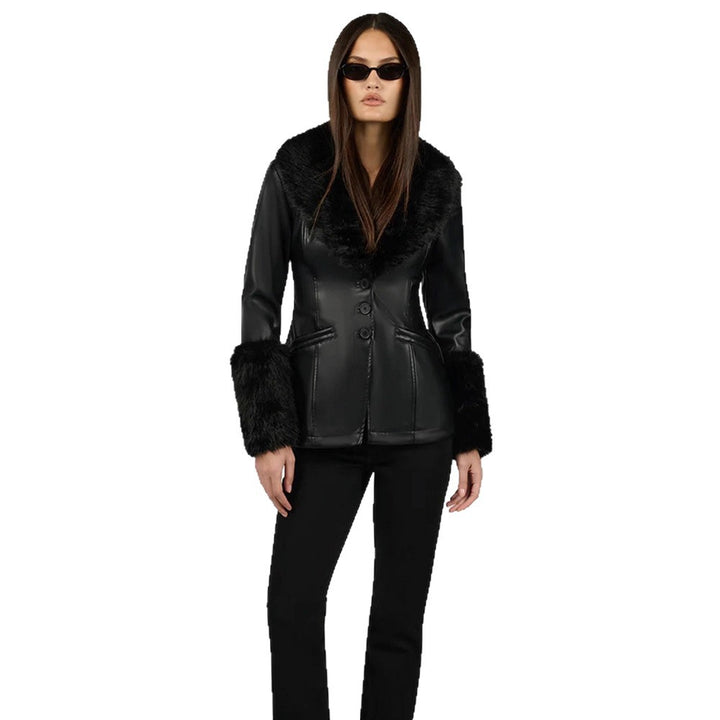 Women's Tailored Faux Leather Midi Coat with Wiener Seams, Voluminous Faux Fur Shawl Collar & Fur Cuffs Amarae