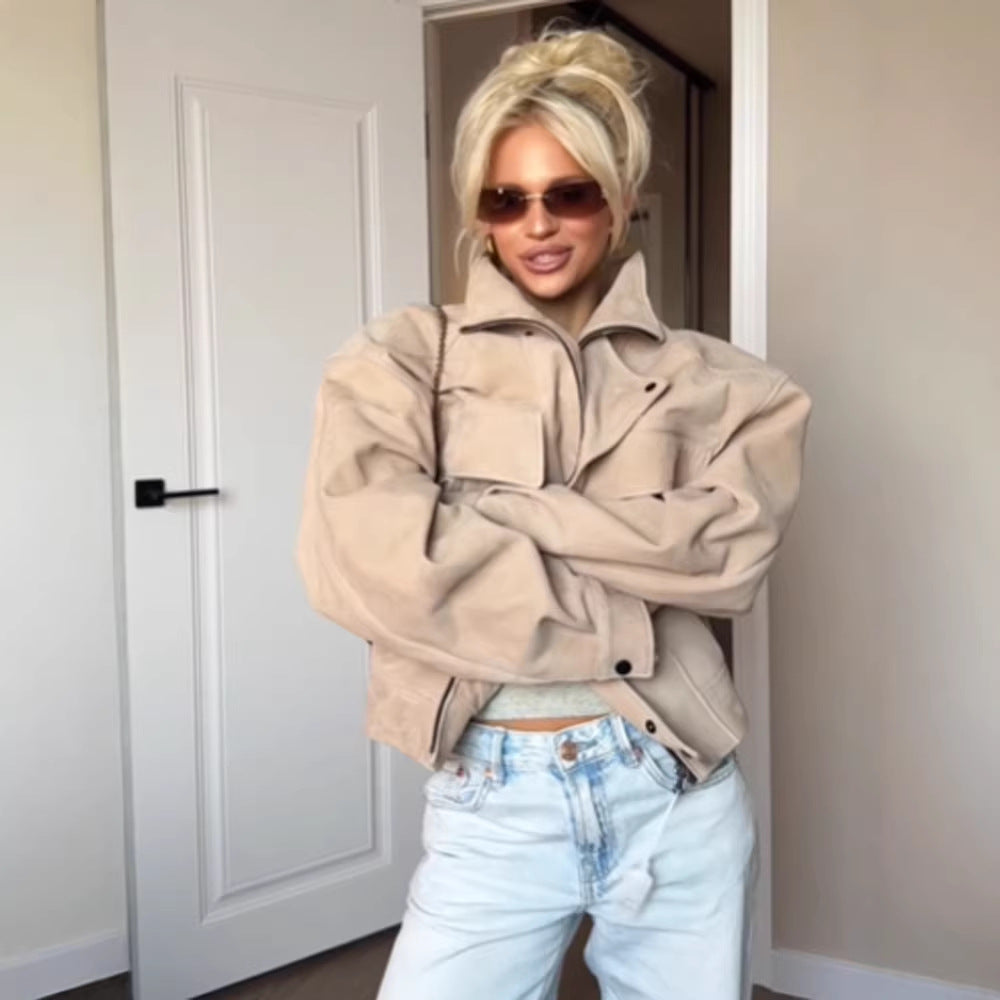 Women Oversize Suede Look Jacket with Flap Pockets and Stand-Up Collar Amarae