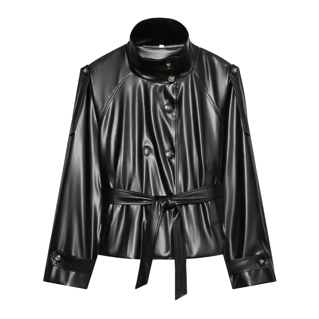 Women's Cropped Faux Leather Jacket with High Collar and Waistband Amarae