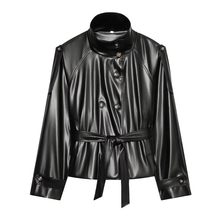 Women's Cropped Faux Leather Jacket with High Collar and Waistband Amarae