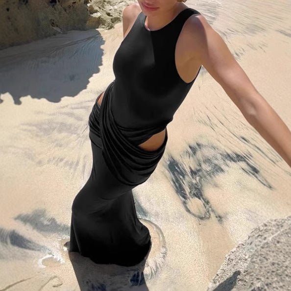 Ladies Elegant Maxi Dress with Subtle Draped Detail and Chic Side Cutouts