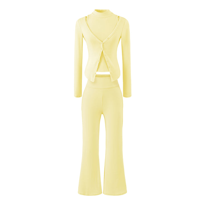 Women Figure-Hugging Layering Set with Turtleneck Long Sleeve and Asymmetrical Button Jacket and Flared High-Waist Pants Amarae